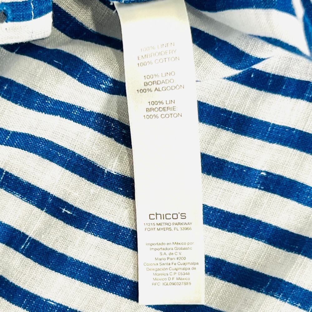 Chico's 100% Linen Striped Eyelet Button Down Shirt Blue White Size 0 / Small - Picture 8 of 8